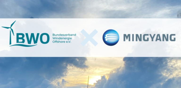 Offshore wind turbine at sea with BWO (Bundesverband Windenergie Offshore) and Mingyang logos representing partnership in offshore wind energy.