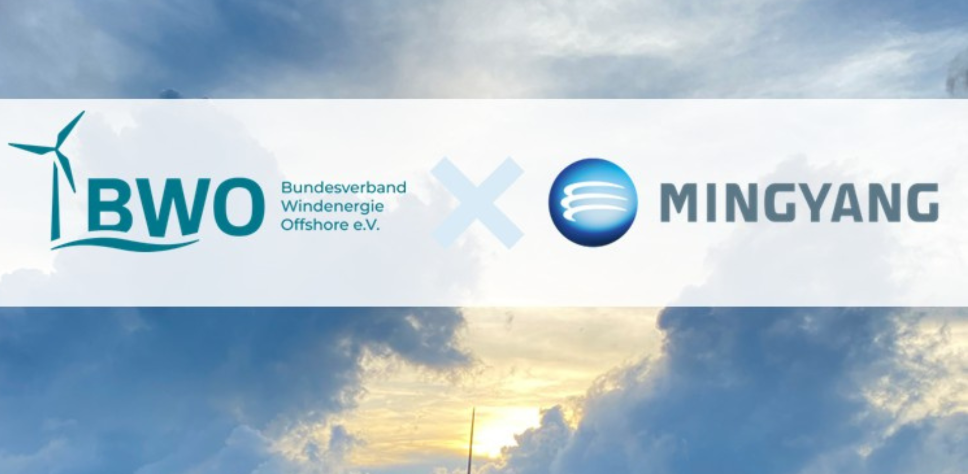 Offshore wind turbine at sea with BWO (Bundesverband Windenergie Offshore) and Mingyang logos representing partnership in offshore wind energy.